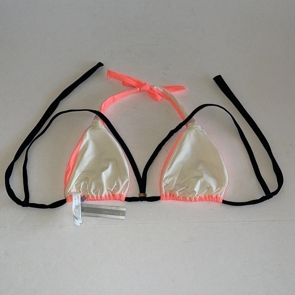 NWT Touché Balneaire Neon Orange And Black Halter/Shoulder Strap Bikini Top